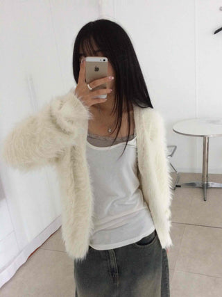 Soft Angora Round Neck Fur Cardigan