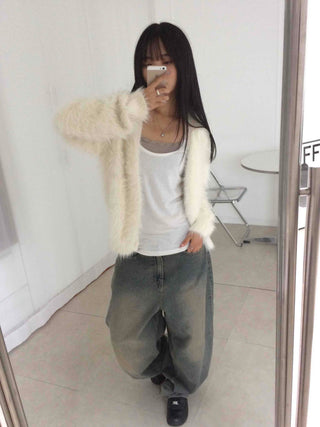 Soft Angora Round Neck Fur Cardigan