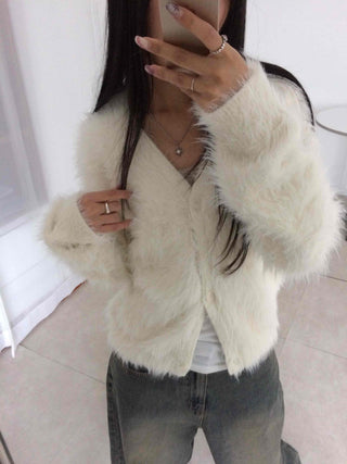 Soft Angora Round Neck Fur Cardigan