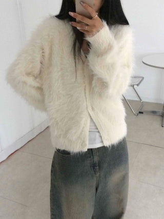 Soft Angora Round Neck Fur Cardigan