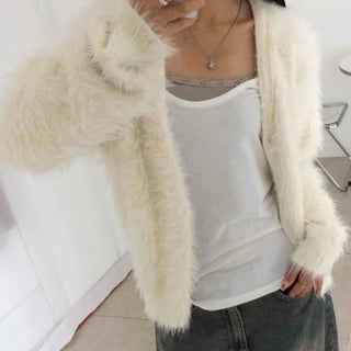Soft Angora Round Neck Fur Cardigan
