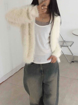 Soft Angora Round Neck Fur Cardigan