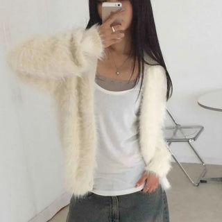 Soft Angora Round Neck Fur Cardigan