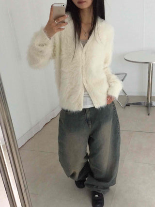 Soft Angora Round Neck Fur Cardigan