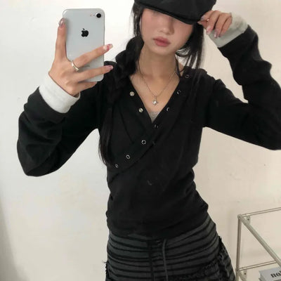 Buddy Snap Hoodie U-Neck Long Sleeve T-Shirt