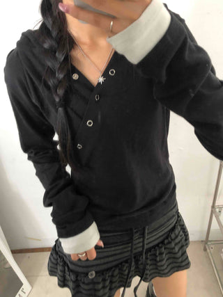 Buddy Snap Hoodie U-Neck Long Sleeve T-Shirt