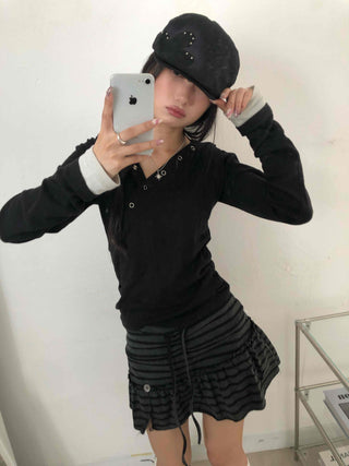 Buddy Snap Hoodie U-Neck Long Sleeve T-Shirt