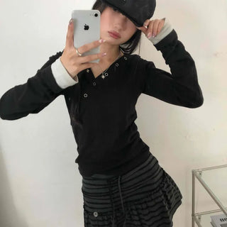 Buddy Snap Hoodie U-Neck Long Sleeve T-Shirt