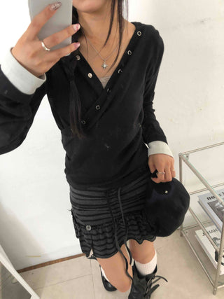 Buddy Snap Hoodie U-Neck Long Sleeve T-Shirt