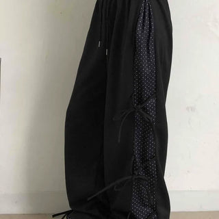 Dot layered side ribbon elastic long pants