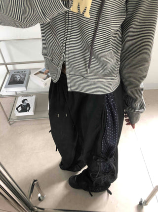 Dot layered side ribbon elastic long pants