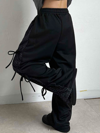 Dot layered side ribbon elastic long pants