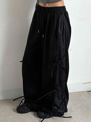 Dot layered side ribbon elastic long pants