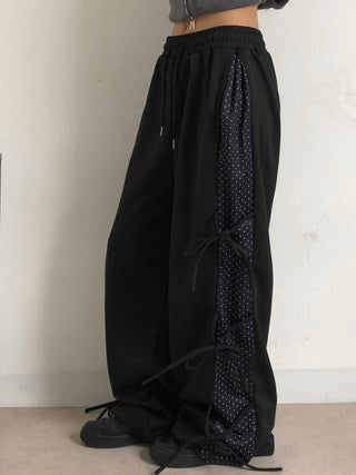 Dot layered side ribbon elastic long pants