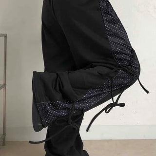 Dot layered side ribbon elastic long pants