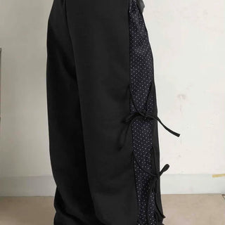 Dot layered side ribbon elastic long pants
