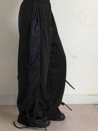 Dot layered side ribbon elastic long pants