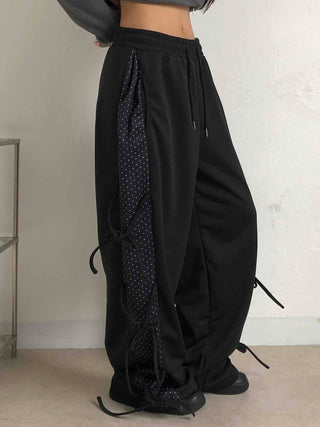 Dot layered side ribbon elastic long pants