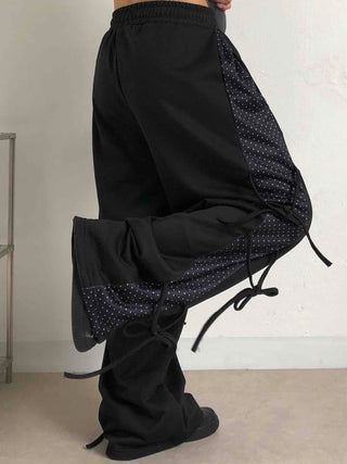 Dot layered side ribbon elastic long pants