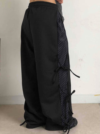 Dot layered side ribbon elastic long pants