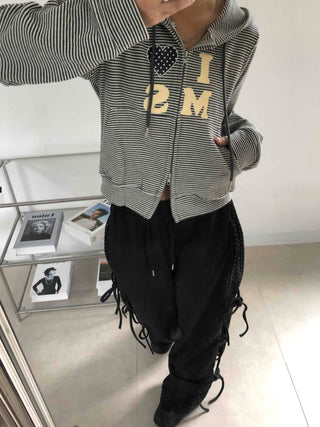 Dot layered side ribbon elastic long pants
