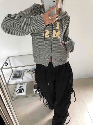 Dot layered side ribbon elastic long pants