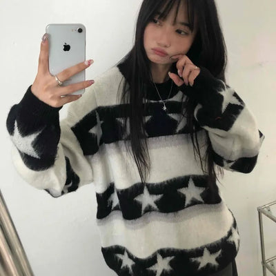 Black Star Round Neck Oversized Angora Knit