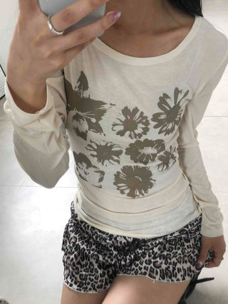 Loose Flower Round Neck Long Sleeve T-shirt