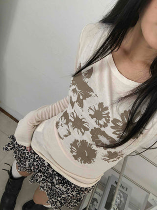Loose Flower Round Neck Long Sleeve T-shirt