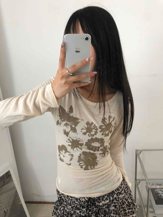Loose Flower Round Neck Long Sleeve T-shirt
