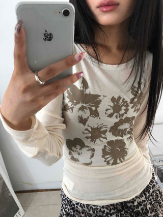 Loose Flower Round Neck Long Sleeve T-shirt