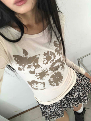 Loose Flower Round Neck Long Sleeve T-shirt