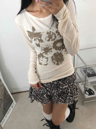 Loose Flower Round Neck Long Sleeve T-shirt