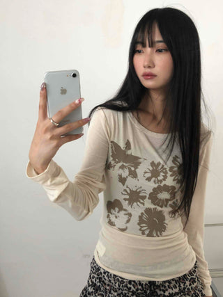 Loose Flower Round Neck Long Sleeve T-shirt