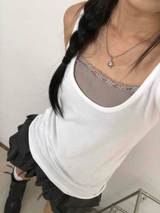 Street Layered Deep U-Neck Plain Sleeveless
