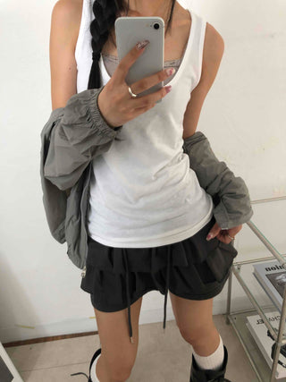 Street Layered Deep U-Neck Plain Sleeveless