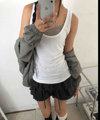Street Layered Deep U-Neck Plain Sleeveless
