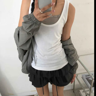Street Layered Deep U-Neck Plain Sleeveless