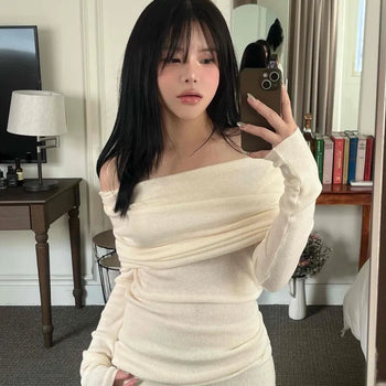 Off-shoulder Shirred Slim Fit Knit Dress