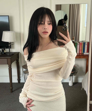 Off-shoulder Shirred Slim Fit Knit Dress