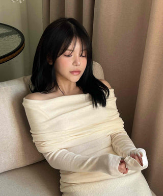 Off-shoulder Shirred Slim Fit Knit Dress