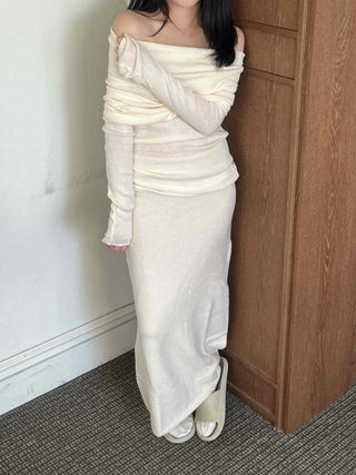 Off-shoulder Shirred Slim Fit Knit Dress