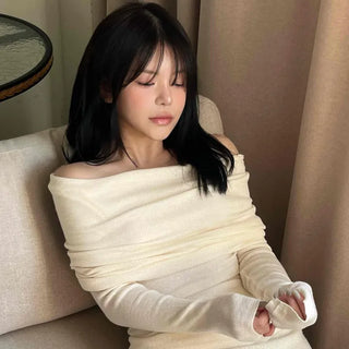 Off-shoulder Shirred Slim Fit Knit Dress