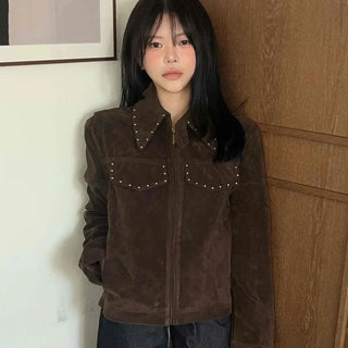 Western Studded Suede Zip-Up Jacket
