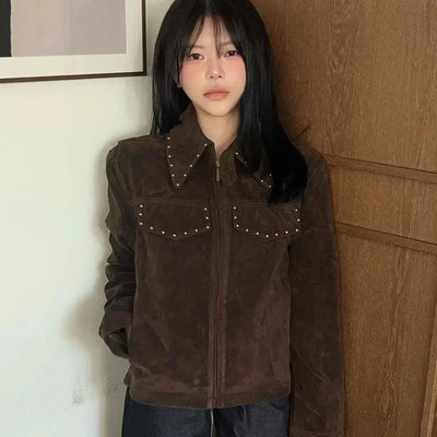 Western Studded Suede Zip-Up Jacket