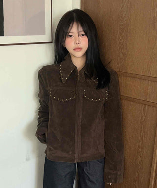 Western Studded Suede Zip-Up Jacket