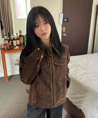 Western Studded Suede Zip-Up Jacket