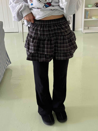 Bubble Layered Check Pumpkin Mini Skirt