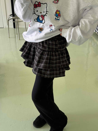 Bubble Layered Check Pumpkin Mini Skirt