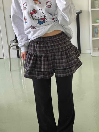 Bubble Layered Check Pumpkin Mini Skirt